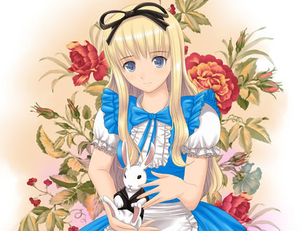 Обои на рабочий стол Alice in Wonderland / Алиса в Стране чудес с Белым Кроликом на руках сидит на светлом фоне, на котором нарисованы розы