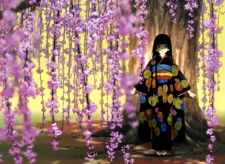 Обои на рабочий стол Энма Ай / Enma Ai, из аниме Адская девочка / Jigoku Shoujo / Hell Girl, одетая в кимоно, стоит прислонившись к стволу цветущего дерева