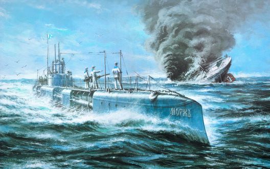 Обои на рабочий стол Матросы на подводной лодке Моржъ / Morzh стреляют из пушки в тонущий корабль
