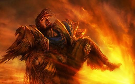 Обои на рабочий стол Паладин несет на руках маленькую девочку / Арт к игре World Of Warcraft