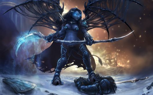 Обои на рабочий стол Таурен мертвый рыцарь с косой в руках / Арт к игре World Of Warcraft