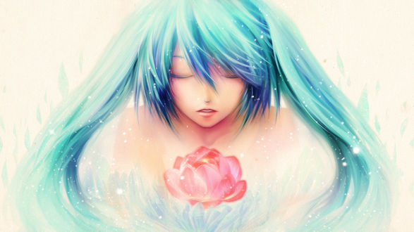 Обои на рабочий стол Вокалоид / Vocaloid Хатсуне Мику / Hatsune Miku с закрытыми глазами держит нежно розовый цветок