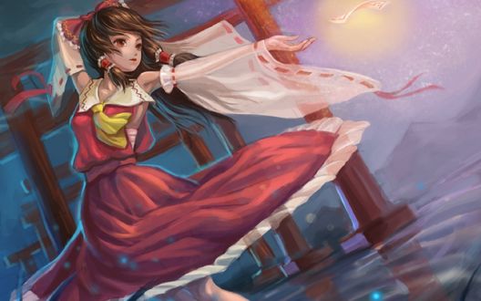 Обои на рабочий стол Хакурей Рейму / Hakurei Reimu, стоящая в воде, отпускает бумажку в воздух уносящему ветру на фоне вечерних красных колонн
