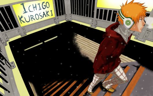 Обои на рабочий стол Ичиго Куросаки / Ichigo Kurosaki поднимается по лестнице в наушниках из аниме Блич / Bleach