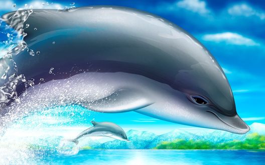 Обои на рабочий стол Дельфины вынырнули из моря