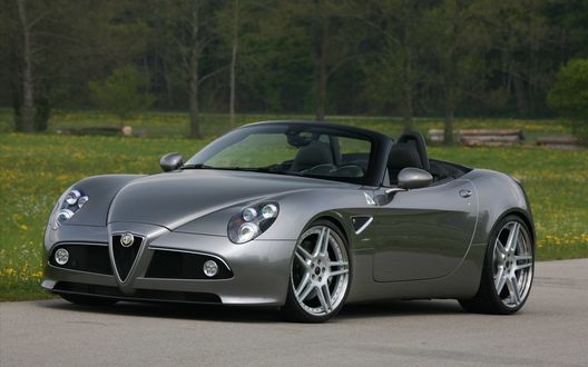 Обои на рабочий стол Легковой автомобиль Alfa Romeo 159 / Альфа Ромео 159, стоящий на асфальтовой дороге возле лесопосадки