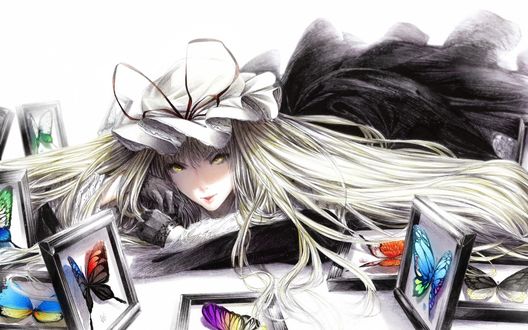 Обои на рабочий стол Yakumo Yukari лежит среди коллекции красивых бабочек в рамках из игры Touhou / Проект Восток, art by Sawasawa