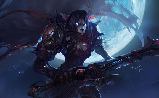 Обои на рабочий стол Ворген - рыцарь смерти на фоне полной луны / арт к игре World Of Warcraft автор Chenbo