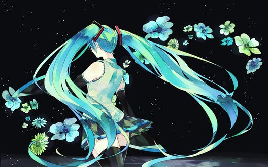 Обои на рабочий стол Vocaloid Hatsune Miku / Вокалоид Хатсуне Мику стоит в воде на фоне ночного неба, в окружение цветов