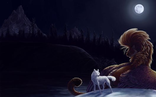 Обои на рабочий стол Белый волк и не известное животное в ночи на фоне полной луны