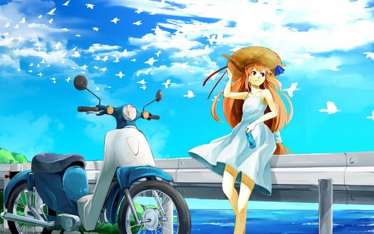 Обои на рабочий стол Суйка Ибуки / Suika Ibuki из Тохо / Touhou в легком белом платье и соломенной шляпе, с бутылкой воды в руке, стоит рядом с мотоциклом у парапета, на фоне моря и облачного неба с пролетающей стайкой белых птиц