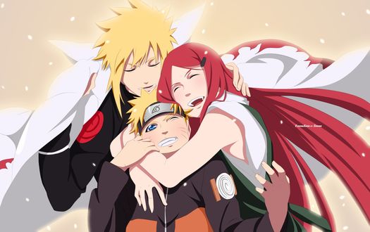 Обои на рабочий стол Минато Намикадзе / Minato Namikaze Кушина Узумаки / Kushina Uzumaki и Наруто Узумаки / Naruto Uzumaki, радостно обнимаются