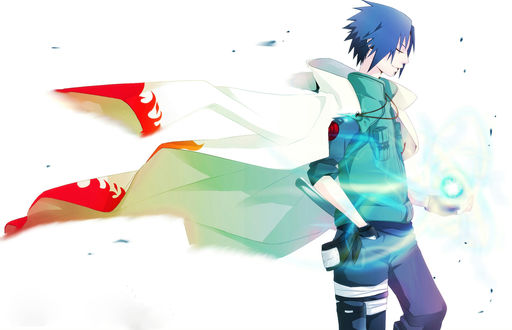 Обои на рабочий стол Учиха Саске / Uchiha Sasuke стоит в плаще хокаге и делает расенган из аниме Наруто / Naruto