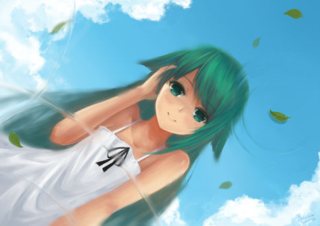 Обои на рабочий стол Сая из визуальной новеллы Песнь Саи / Saya no Uta смотрит на свое отражение в воде, на фоне голубого неба