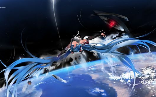 Обои на рабочий стол Vocaloid Hatsune Miku / Вокалоид Хатсуне Мику, расставив руки в стороны, парит в космосе
