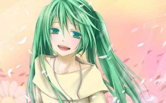Обои на рабочий стол Смущенная Vocaloid Hatsune Miku / Вокалоид Хатсуне Мику улыбается