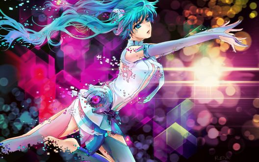 Обои на рабочий стол Vocaloid Hatsune Miku / Вокалоид Хатсуне Мику протягивает руку вперед расщепляясь на части