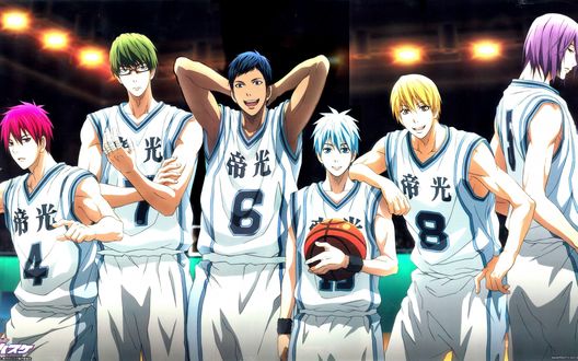 Обои на рабочий стол Сэйдзюро Акаши / Akashi Seijuurou Мидорима Шинтаро / Midorima Shintarou Аомине Дайки / Aomine Daiki Куроко Тетсуя / Kuroko Tetsuya Кисе Рета / Kise Ryouta Мурасакибара Атсуши / Murasakibara Atsushi из аниме Бескетбол Куроко / Kuroko no basket