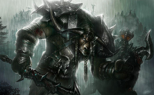 Обои на рабочий стол Таурен воин под проливным дождем / арт к игре World Of Warcraft