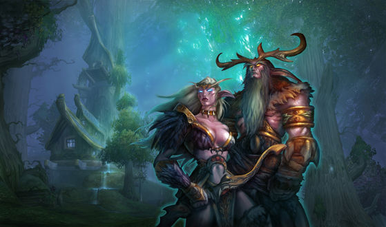 Обои на рабочий стол Ночные эльфы на фоне дома в лесу / арт к игре World Of Warcraft