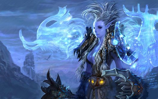 Обои на рабочий стол Тролль шаманка на фоне Драконьего Погоста / арт к игре World Of Warcraft / художник Yaorenwo