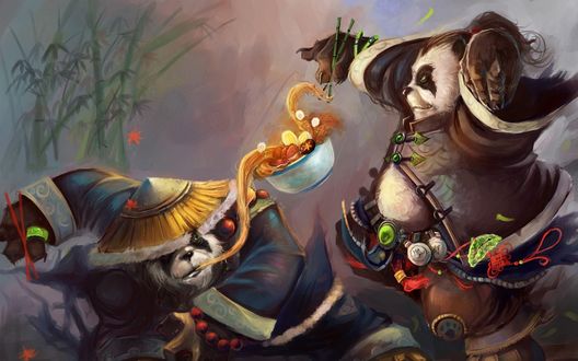 Обои на рабочий стол Два пандарена сражаются из-за лапши / арт к игре World Of Warcraft