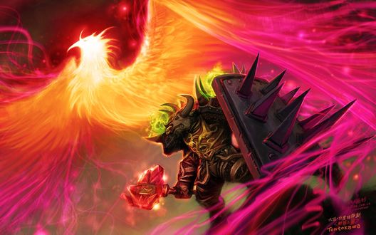 Обои на рабочий стол Таурен воин над которым летает феникс Алар / арт к игре World Of Warcraft / художник Yaorenwo