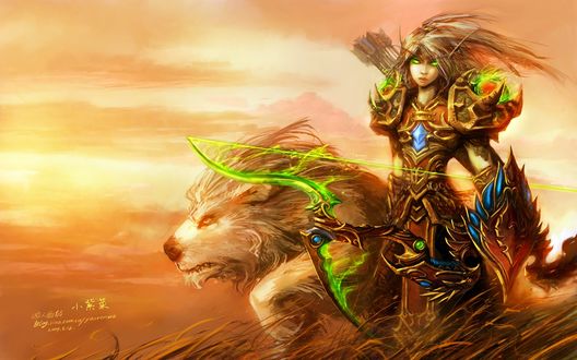 Обои на рабочий стол Кровавая эльфийка охотница со львом / арт к игре World Of Warcraft / художник Yaorenwo