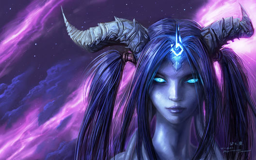Обои на рабочий стол Лицо дренейки на фоне фиолетовых облаков / арт к игре World Of Warcraft / художник Yaorenwo
