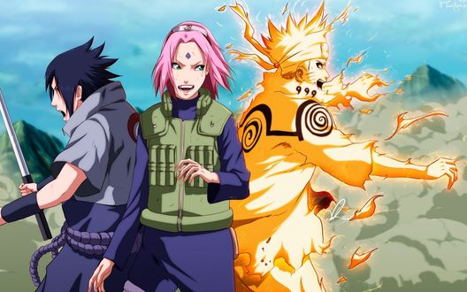 Обои на рабочий стол Учиха Саске / Uchiha Sasuke Сакура Харуно / Sakura Haruno Наруто Узумаки / Naruto Uzumaki вместе сражаются