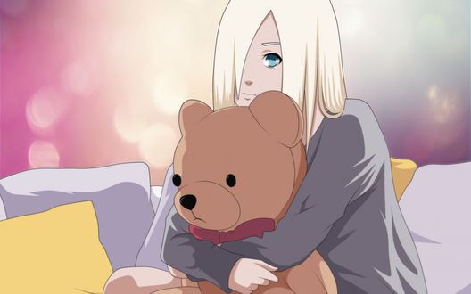 Обои на рабочий стол Яманака Ино / Yamanaka Ino держит в руках игрушечного медведя и грустно смотрит куда то вперед из аниме Наруто / Naruto