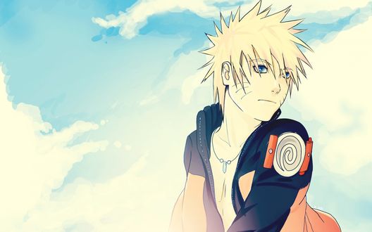 Обои на рабочий стол Главный герой Наруто Узумаки / Naruto Uzumaki на фоне голубого неба и облаков