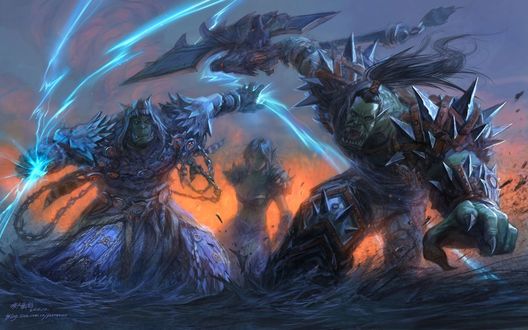 Обои на рабочий стол Два орка и девушка тролль на поле битвы / арт к игре World Of Warcraft / художник Yaorenwo