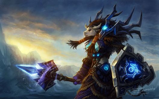 Обои на рабочий стол Таурен шаманка на фоне заснеженных гор / арт к игре World Of Warcraft / художник Yaorenwo