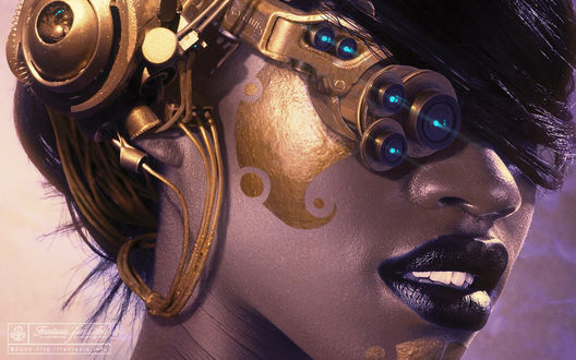 Обои на рабочий стол Девушка-робот с золотой полосой на щеке, автор Oliver Wetter
