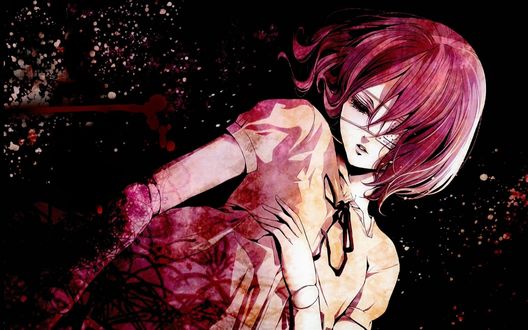 Обои на рабочий стол Мисаки Мей / Misaki Mai из аниме Иная / Another, приложив одну руку к груди, стоит на черном, забрызганным кровью, фоне