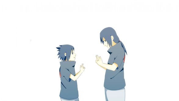 Обои на рабочий стол Uchiha Sasuke / Учиха Саске и Uchiha Itachi / Учиха Итачи на белом фоне из аниме Наруто / Naruto