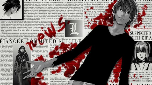 Обои на рабочий стол Ягами Лайт / Yagami Light на фоне газеты и крови из аниме Тетрадь Смерти / Death note