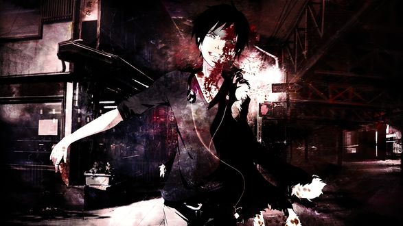 Обои на рабочий стол Идзая Орихара / Izaya Orihara из аниме Дюрарара! / Durarara! в крови, с наушниками на шее и ножом в руке