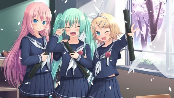 Обои на рабочий стол Вокалоиды Мегуринэ Лука / Megurine Luka, Хацунэ Мику / Hatsune Miku и Кагаминэ Рин / Kagamine Rin из вселенной Vocaloid, в парадной школьной форме, радостно смеются, стоя в классе у открытого окна, за которым цветет сакура
