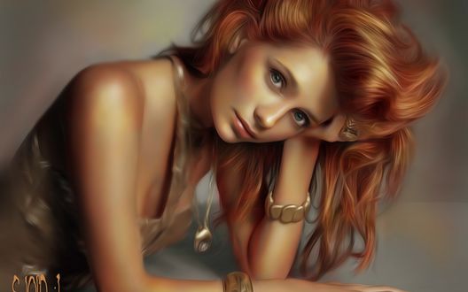 Обои на рабочий стол Модель Миша Бартон / Mischa Barton в кремовом платье держит рукой голову