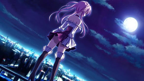Обои на рабочий стол Nanami Naru смотрит на ночной город стоя на крыше здания, персонаж из игры Gensou No Idea