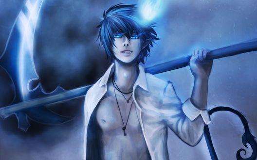 Обои на рабочий стол Окимура Рин из аниме Aoi no Exorcist / Синий Экзорцист с косой в руке