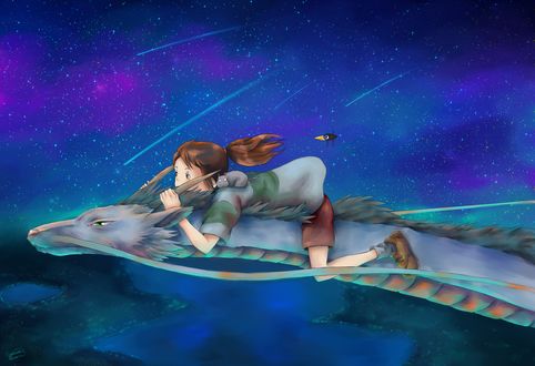 Обои на рабочий стол Тихиро Огино из аниме Унесенные призраками / Sen to Chihiro no kamikakushi сидит на спине, летящего дракона на фоне ночного неба