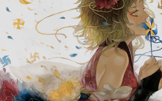 Обои на рабочий стол Vocaloid Gumi Megpoid / Вокалоид Гуми Мегпоид с цветком в волосах, среди цветов и лепестко, приложила ветерок, который держит в руках, к губам