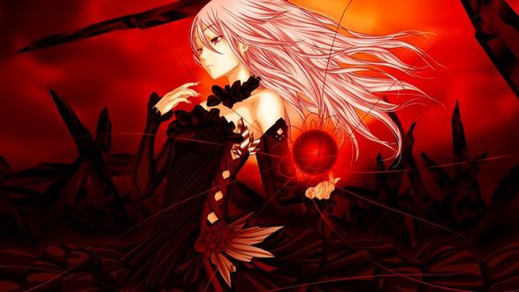 Обои на рабочий стол Yuzuriha Inori / Инори Юдзуриха из аниме Корона Греха / Корона грешника / Корона Вины / Венец Вины / Преступный венец / Guilty Crown в темно-красном платье создает ярко-красную сферу в руке, стоя на руинах, на фоне красного неба
