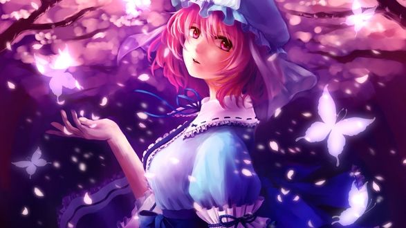 Обои на рабочий стол Ююко Сайгеджи / Yuyuko Saigyouji из Тохо / Touhou Project и призрачные бабочки на фоне цветущей сакуры
