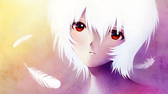 Обои на рабочий стол Rei Ayanami / Рей Аянами с красными глазами и белыми волосами смотрит вперед на фоне падающих перьев, персонаж из аниме Neon Genesis Evangelion / Евангелион, art by Kobayashi Yuji