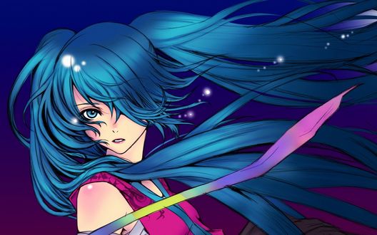 Обои на рабочий стол Vocaloid Hatsune Miku / Вокалоид Хатсуне Мику на сиренево-синем фоне