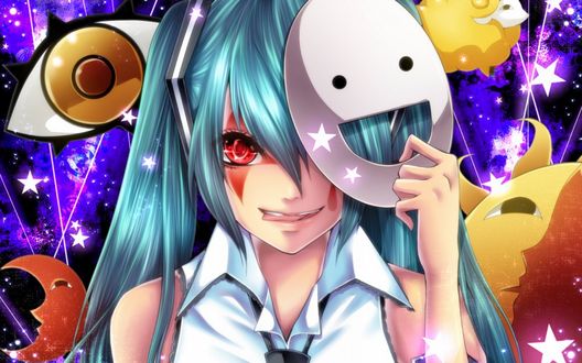 Обои на рабочий стол Vocaloid Hatsune Miku / Вокалоид Хатсуне Мику с маской в поднятой руке, высунув язык, стоит на черно-сиреневом фоне, на котором нарисованы звезды, месяц, глаз, солнце и овечка
